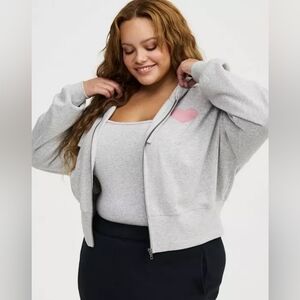 Torrid Gray Pink Heart Cozy Fleece Fitted Waist Zip-Up Hoodie 3X 22/24 Nwt